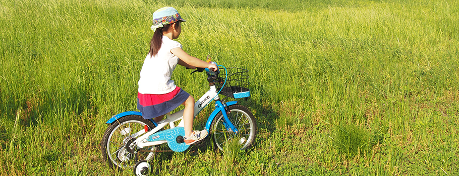 草原で子供が三輪車に乗っている写真