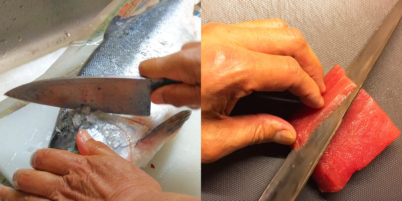 引く、剥く、削ぐ、おろす等の用途に向く片刃包丁